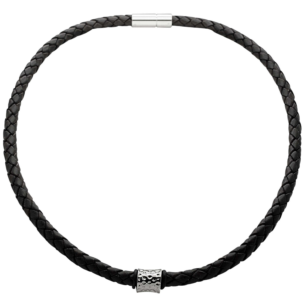 Woven Black Leather Necklace with a Polished Concave Indented Titanium Bead