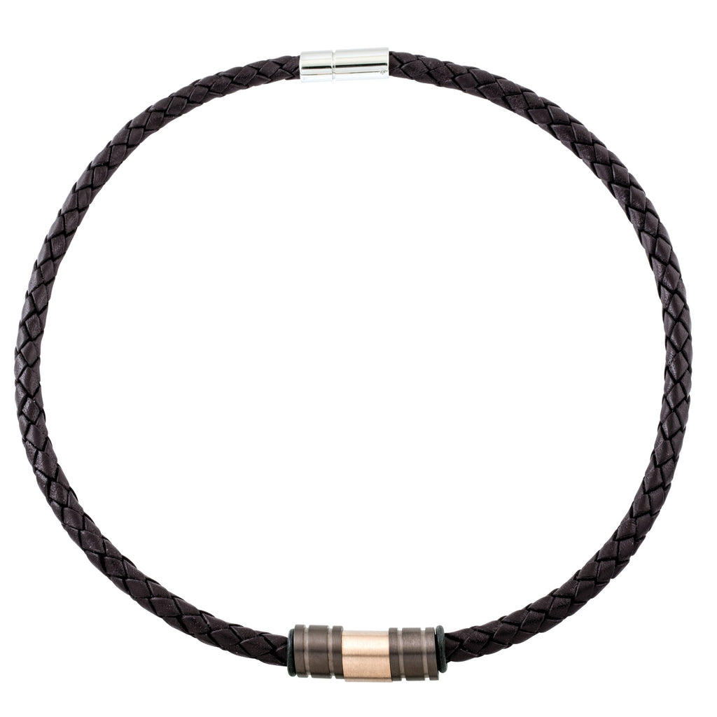 Woven 6mm Brown Leather Necklace with Titanium Beads