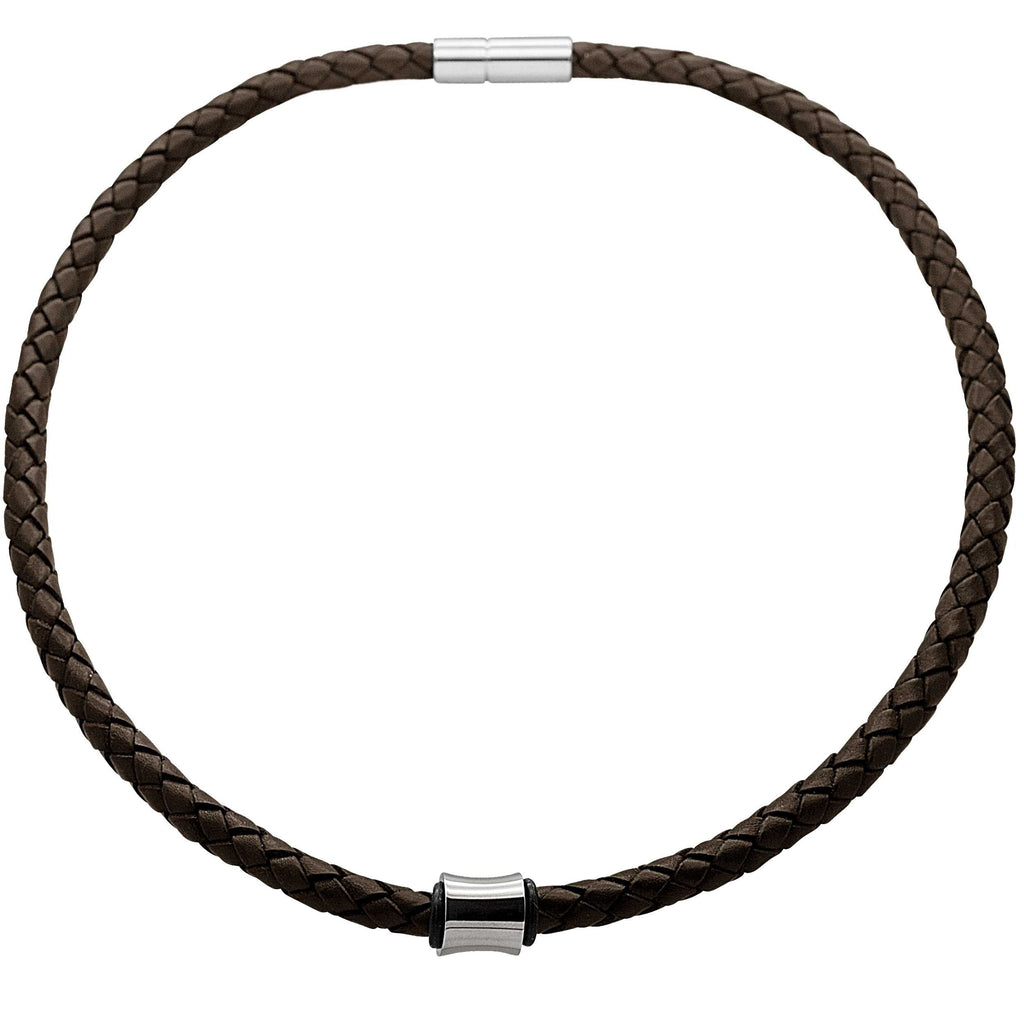 Woven Brown Leather Necklace with a Polished Concave Titanium Bead