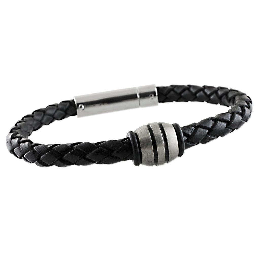 Black Plaited Bolo Leather Bracelet with Titanium Bead