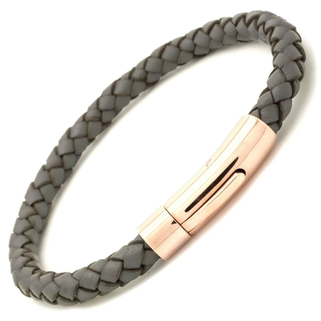 Woven Grey Leather Bracelet with Rose Gold Clasp