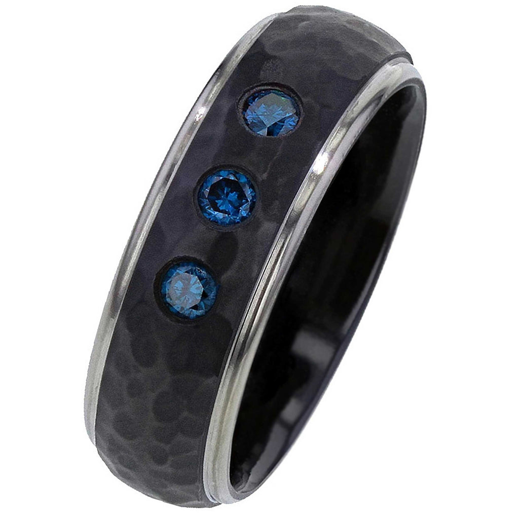 Blue Diamond Set Black Zirconium Wedding Ring