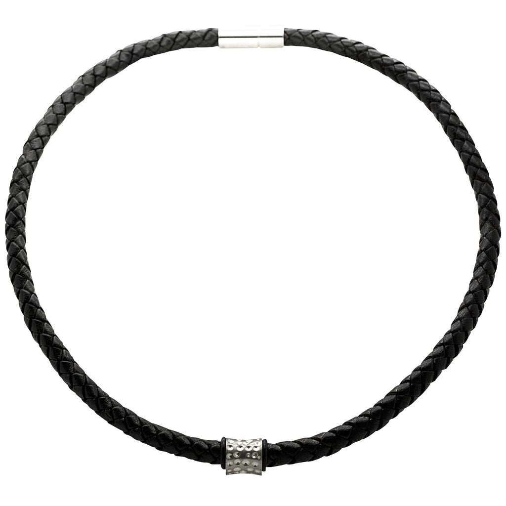 Woven Black Leather Necklace with a Concave Satin Indented Bead