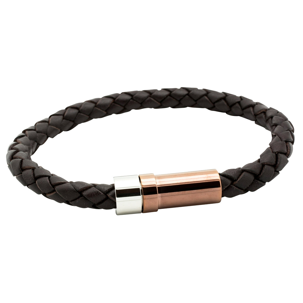Woven Brown Leather Bracelet with Two Tone Clasp