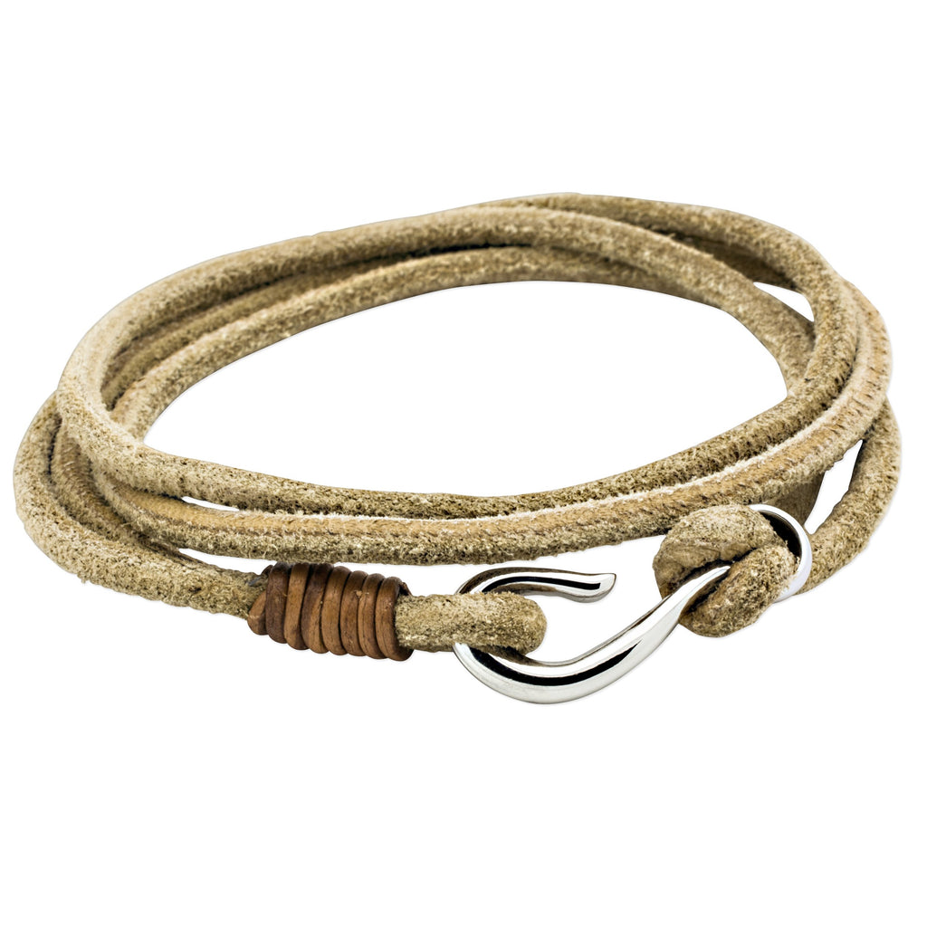 Tan Leather Double Wrap Bracelet with Fish Hook Clasp