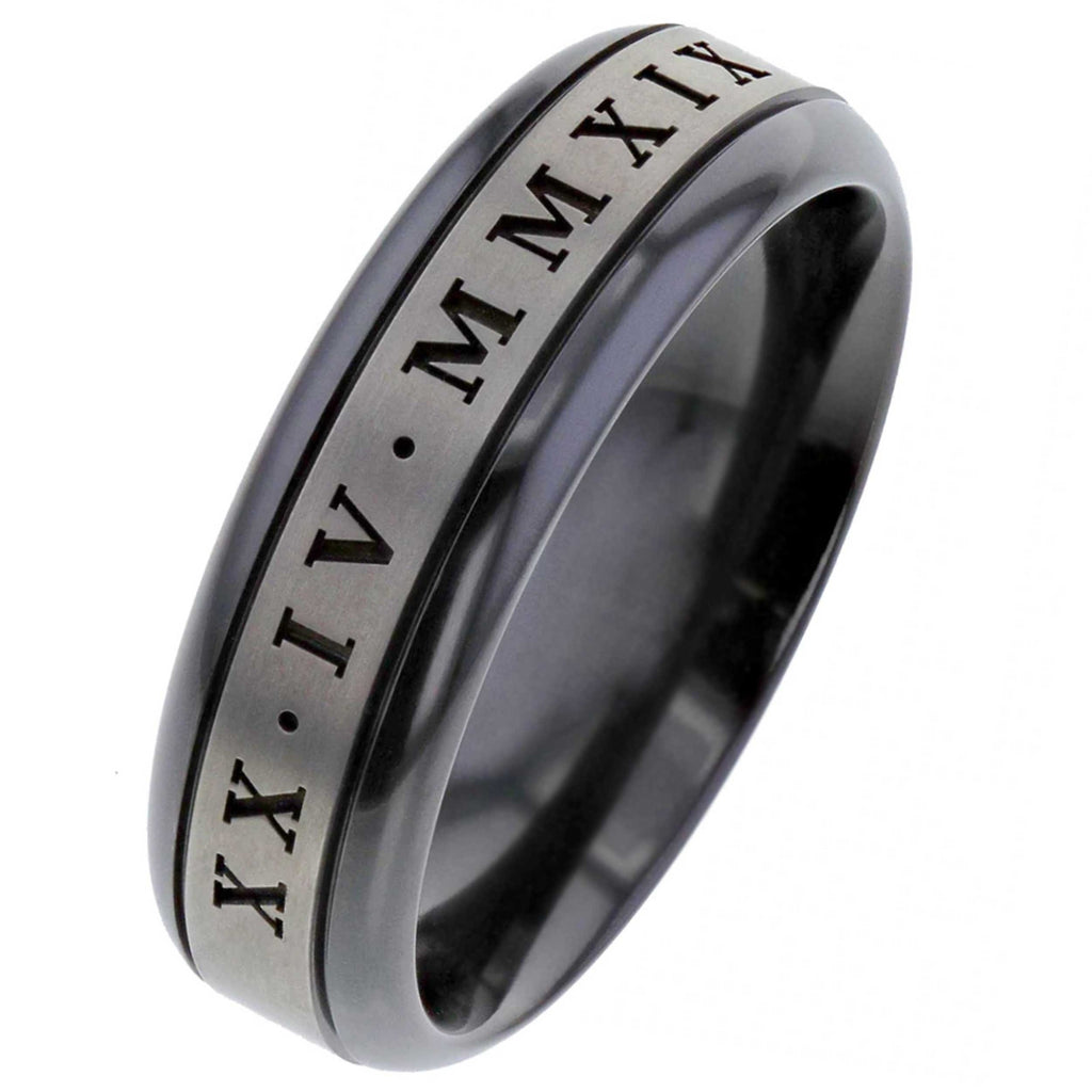 Custom Date Roman Numeral Black and Natural Zirconium Wedding Ring