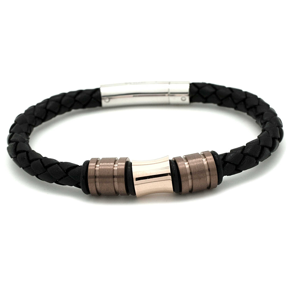 Coffee & Rose Gold Titanium Beads on a Black Woven Leather Bracelet