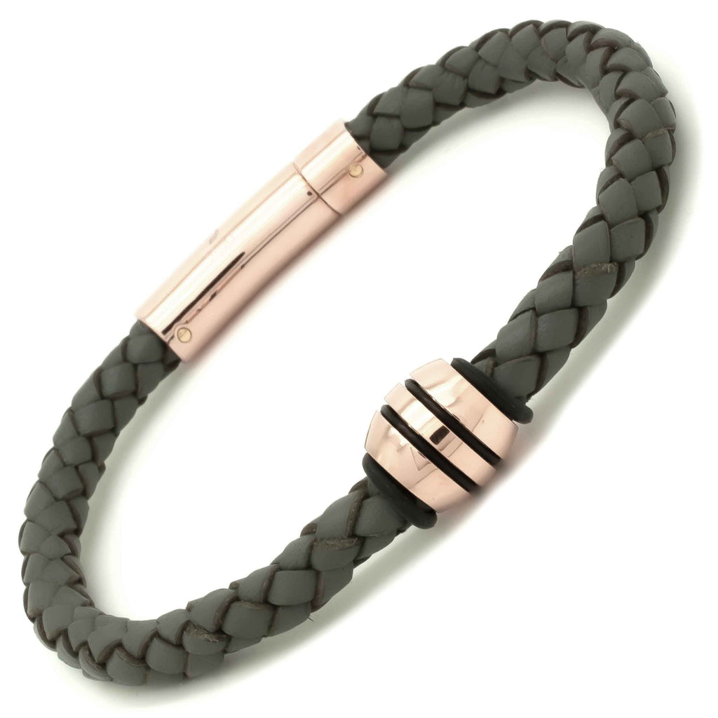 Woven Grey leather Bracelet with Rose Gold Titanium Bead and Clasp