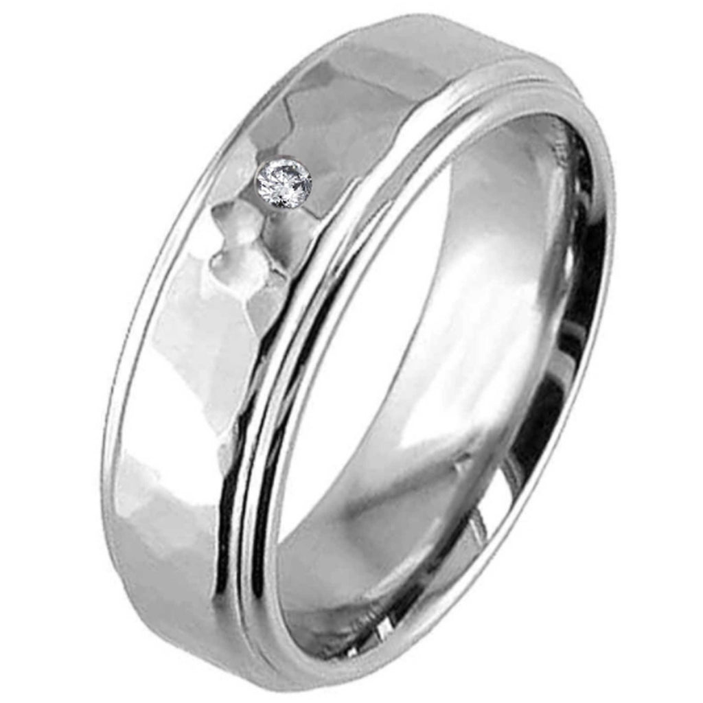 Polished Titanium Diamond Wedding Ring with Hammered Effect 