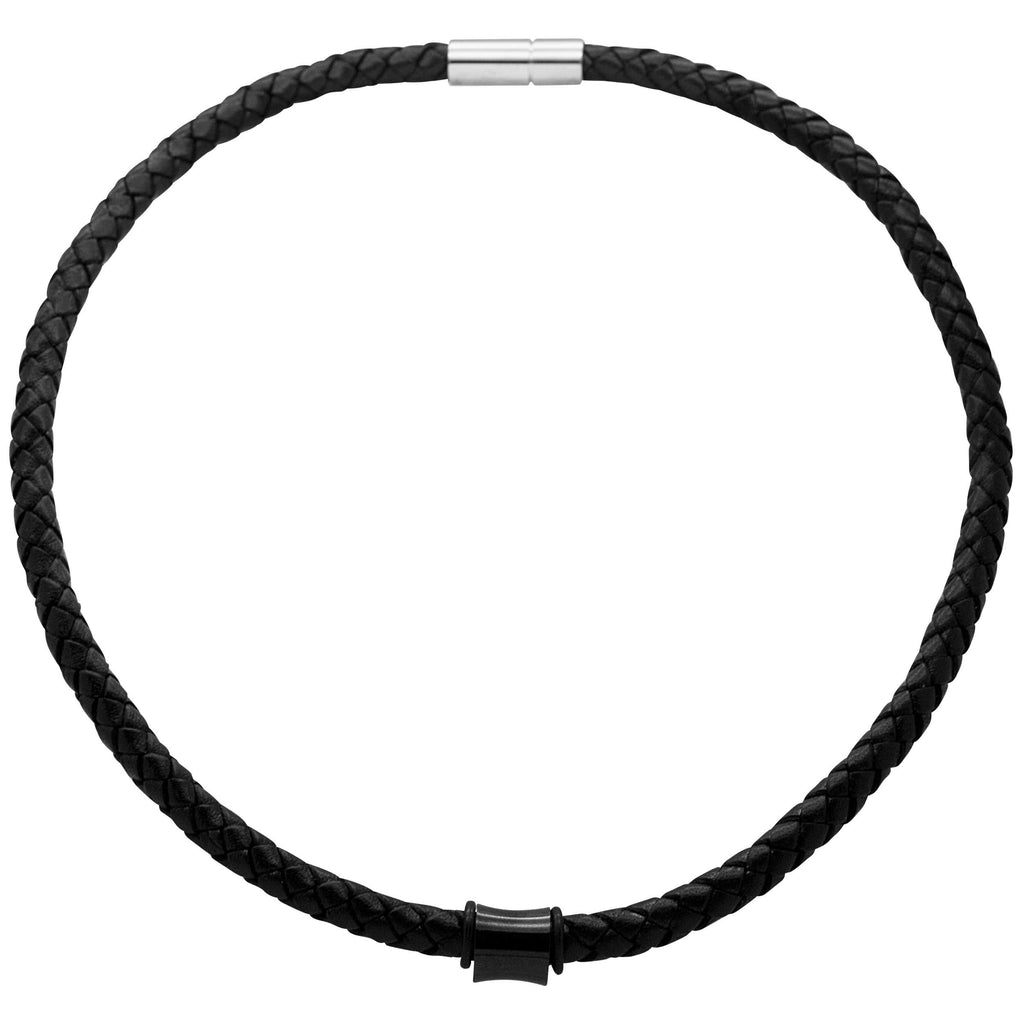 Woven Black Leather Necklace with a Polished Black Titanium Bead