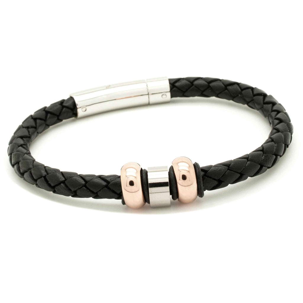 Woven Black Leather Bracelet with Rose Gold Titanium Beads