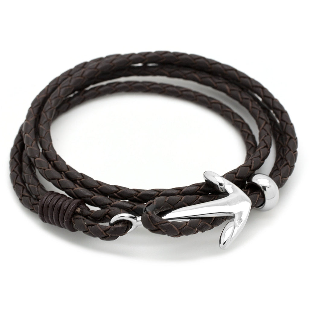 Brown Plaited Leather Anchor Bracelet