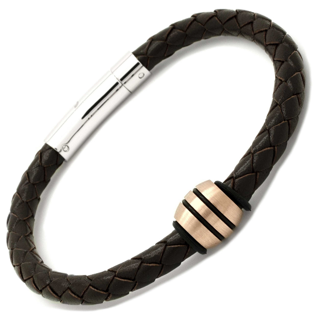 Brown Woven Leather Bracelet with a Satin Rose Gold Titanium Bead