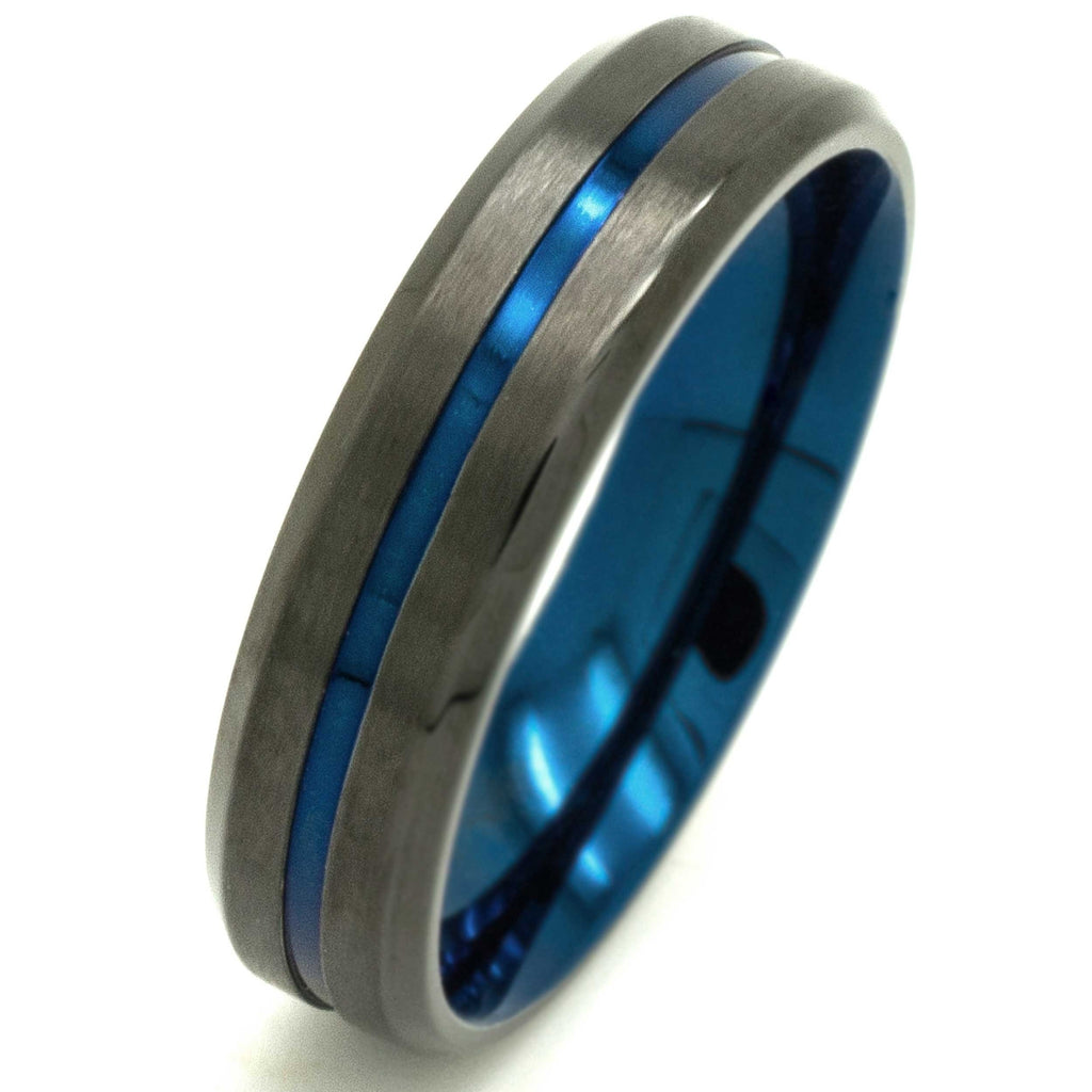 Gunmetal Stainless Steel Ring with Neon Blue Inlay