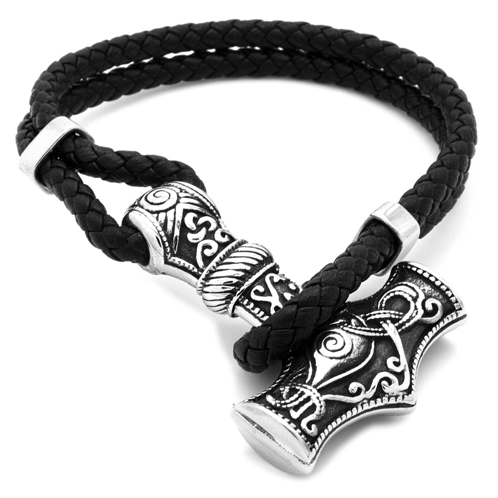 Stainless Steel Thors Hammer Leather Bracelet