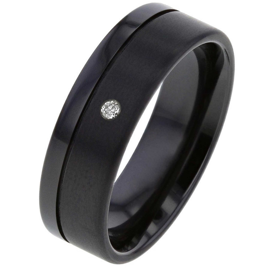 Diamond Set Black Zirconium Wedding Ring with Twin Finish
