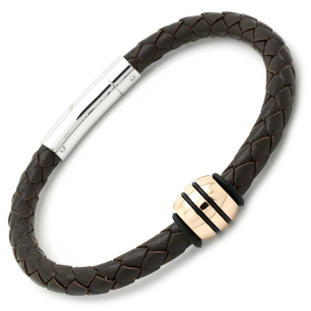 Brown Woven Leather Bracelet with a High Polished Rose Gold Titanium Bead