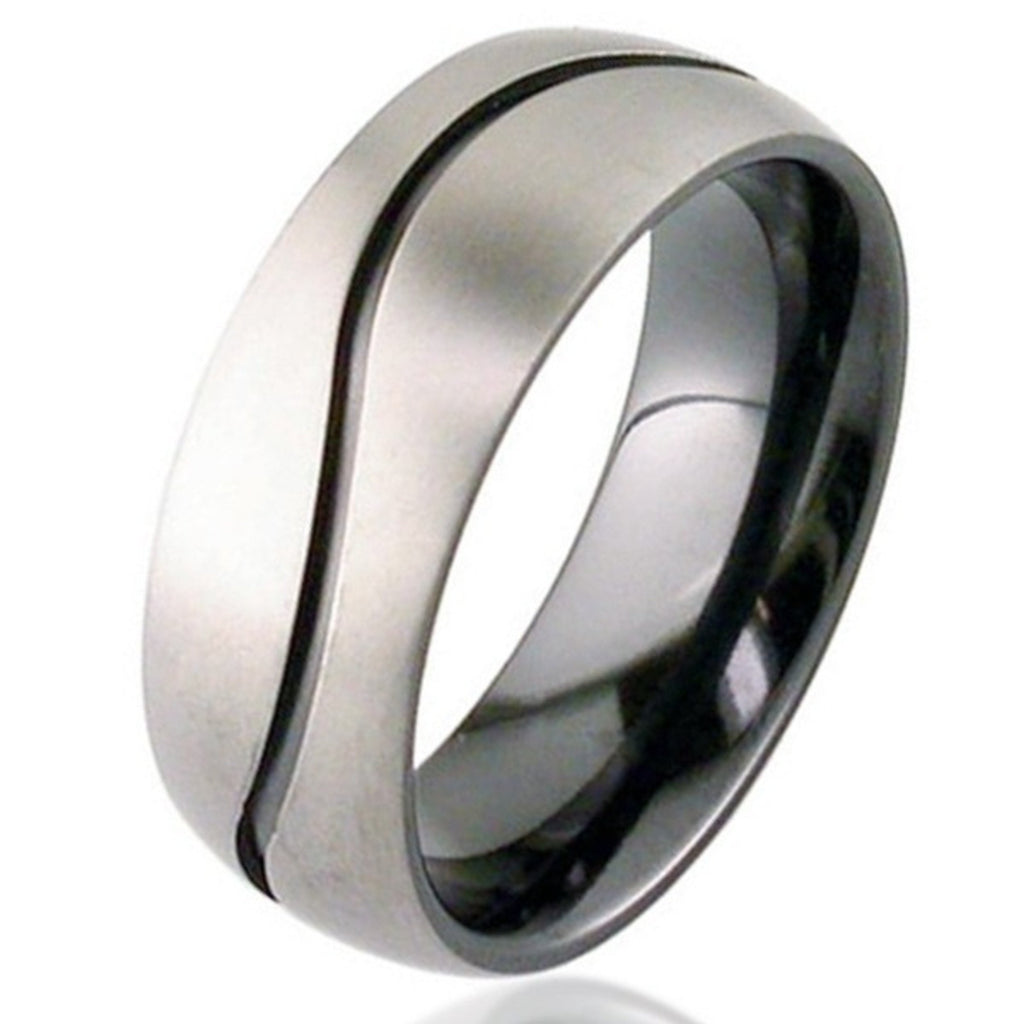 Dome Profile Two Tone Zirconium Wedding Ring with Wave Detail