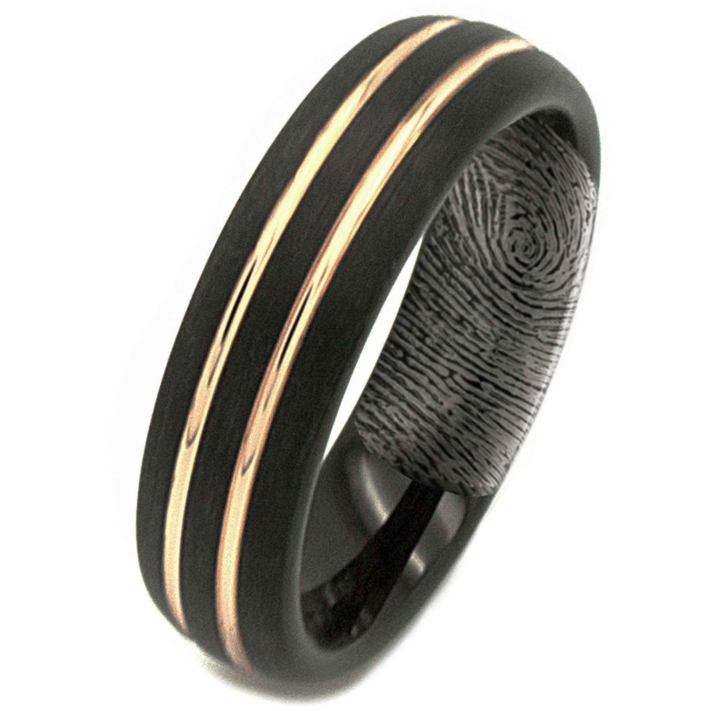 Black Tungsten Hidden Fingerprint Ring With Rose Gold Lines