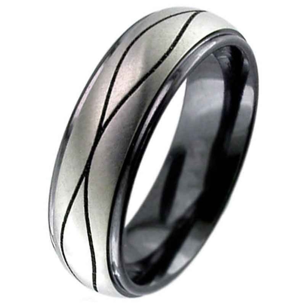 Two Tone Flat Profile Zirconium Ring with Wave Detail